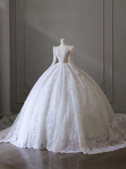 Timeless Ball Gown V Neckline Sequin Long Sleeves Wedding Dress Bridal Dresses SD2485