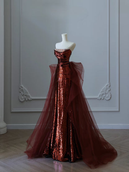 Classy Mermaid Strapless Burgundy Sequin Long Evening Dress Prom Dresses SD2492