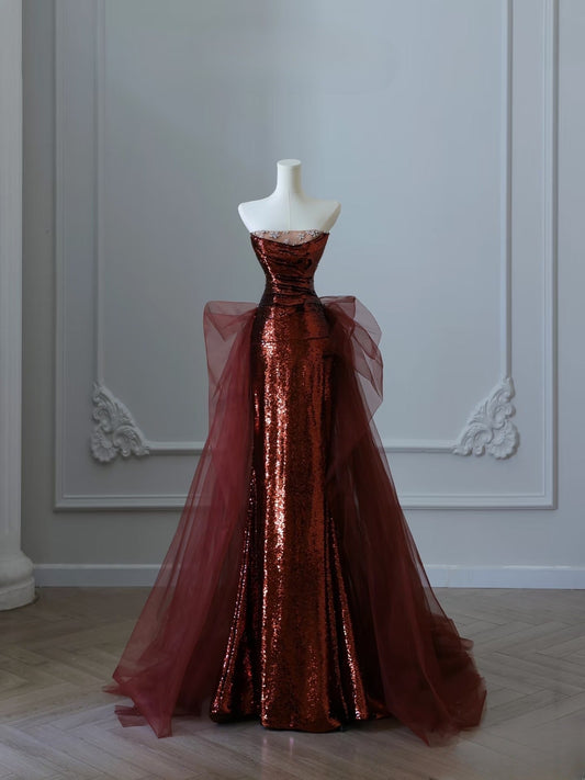 Classy Mermaid Strapless Burgundy Sequin Long Evening Dress Prom Dresses SD2492