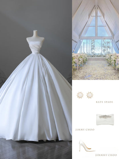 Timeless Ball Gown Strapless Satin White Long Wedding Dress Bridal Dresses SD2493
