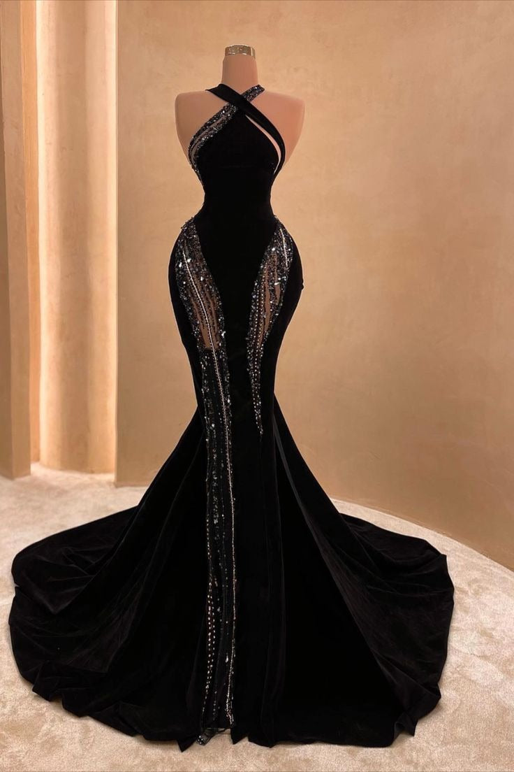 Pretty Sparkly Mermaid Halter Beads Black Prom Dress Long Graduation Dress D2537
