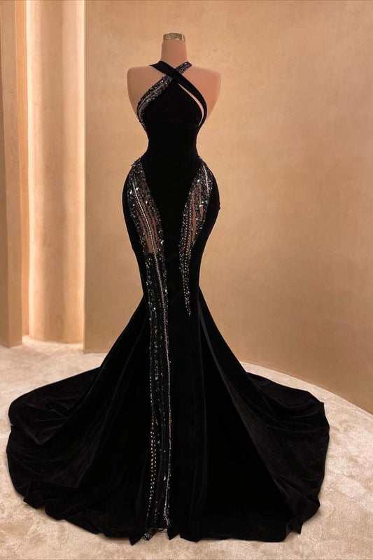 Pretty Sparkly Mermaid Halter Beads Black Prom Dress Long Graduation Dress D2537