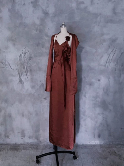 Chic A line Spaghetti Straps Burgundy Floral Long Prom Dresses Birthday Dress With Jacket SD254