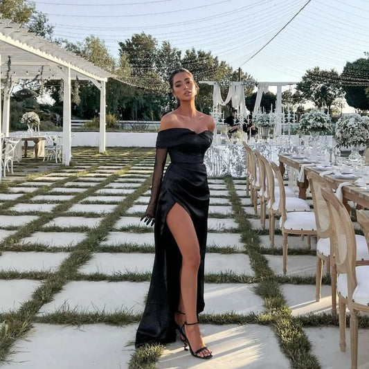Classy Sheath Off The Shoulder Satin Slit Prom Dresses Black Summer Wedding Guest Dresses Wedding Guest Outfits D2632