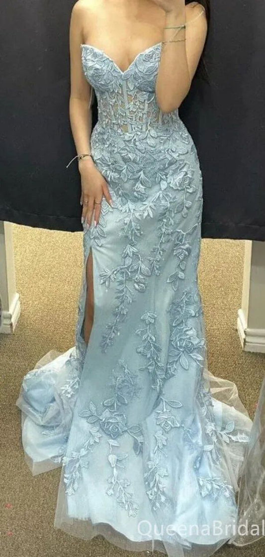 Sexy Sheath Sweetheart Lace Light Sky Blue Prom Dresses Formal Summer Wedding Guest Dresses Wedding Guest Outfits D2651