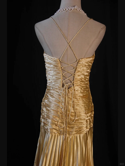 Classy A Line Halter Gold Satin Beads Long Evening Dress Prom Dresses SD2701