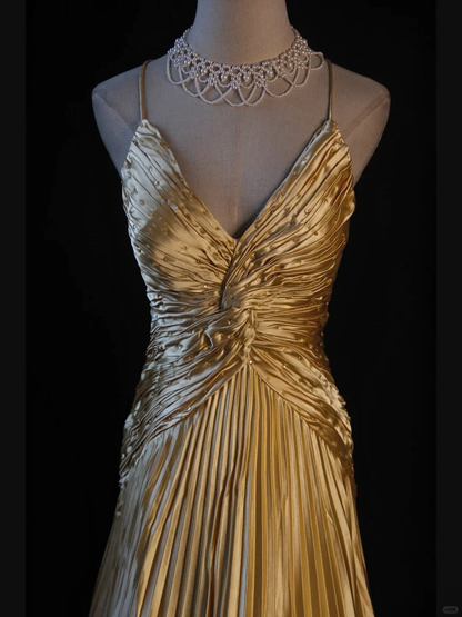 Classy A Line Halter Gold Satin Beads Long Evening Dress Prom Dresses SD2701