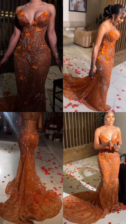 Classy Mermaid Sweetheart Orange Tulle Sequin Evening Gowns Long Prom Dress S2702