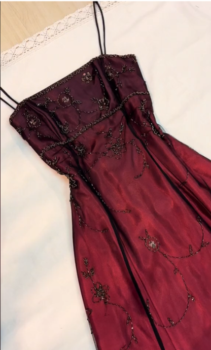 Classy A line Spaghetti Straps Burgundy Beads Long Prom Dress SD2703