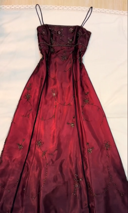 Classy A line Spaghetti Straps Burgundy Beads Long Prom Dress SD2703