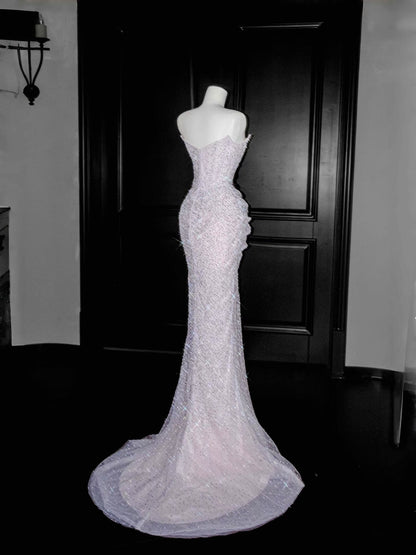 Sexy Mermaid Silver Gray Strapless Sequins Long Prom Dress Party Dress Graduation Dresses Birthday Outfits D2717