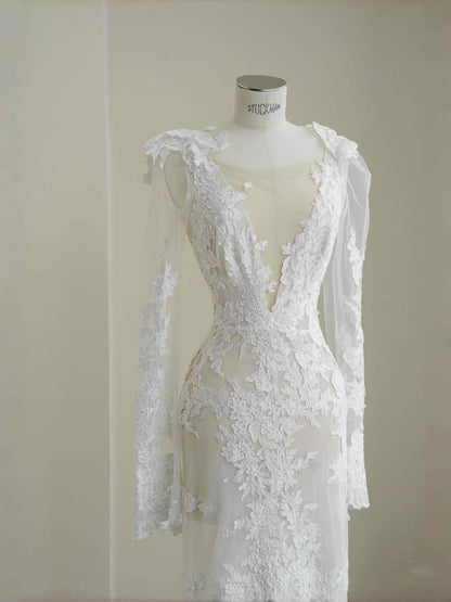 Pretty Bridal Gown Mermaid V Neck Lace White Long Wedding Dresses Modest Bridal Gowns D2726