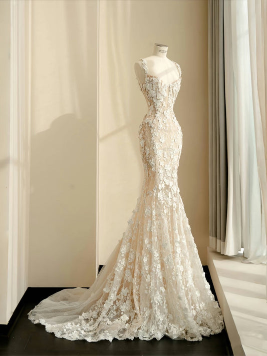 Simple Bridal Gown Mermaid Straps White Lace Floor Length Wedding Dresses Minimalist Bridal Gowns D2730