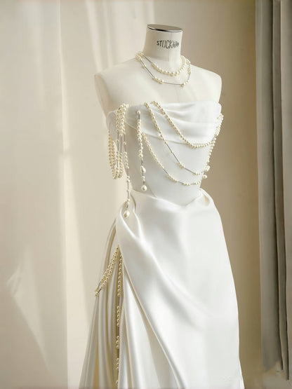Simple Bridal Gown Sheath Strapless White Satin Floor Length Wedding Dresses Minimalist Bridal Gowns D2732