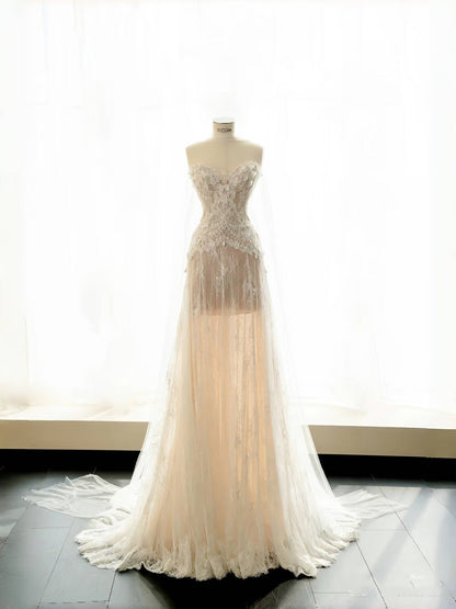 Simple Bridal Gown A line Sweetheart White Lace Floor Length Wedding Dresses Minimalist Bridal Gowns D2735
