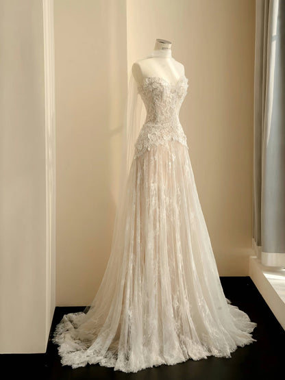 Simple Bridal Gown A line Sweetheart White Lace Floor Length Wedding Dresses Minimalist Bridal Gowns D2735