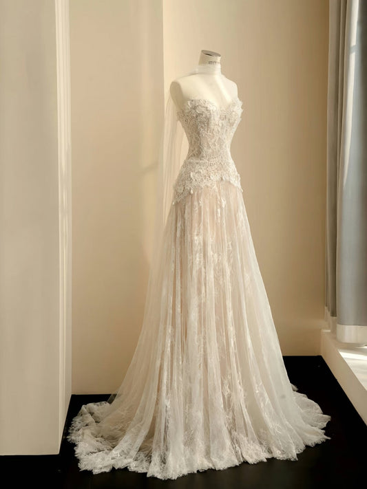 Simple Bridal Gown A line Sweetheart White Lace Floor Length Wedding Dresses Minimalist Bridal Gowns D2735