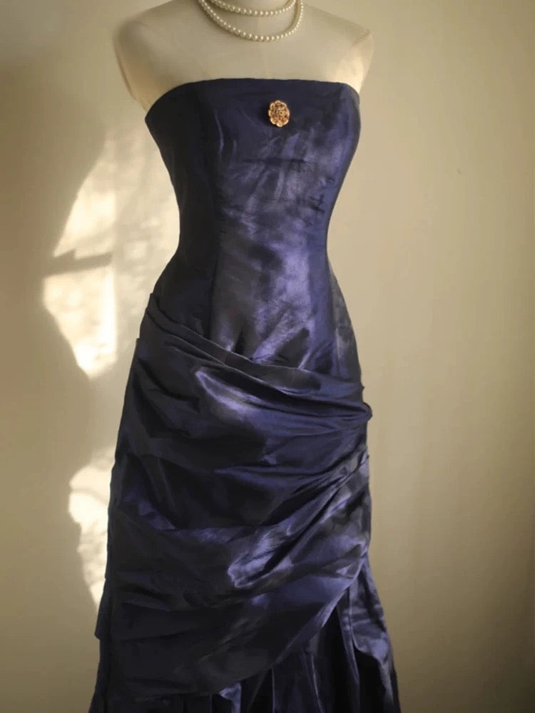 Classy Mermaid Strapless Navy Blue Organza Long Evening Gowns Prom Dress SD2743