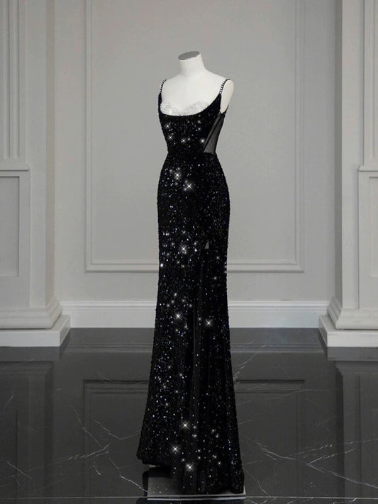 Classy Mermaid Spaghetti Straps Black Sequin Slit Long Evening Gowns Prom Dress SD2744