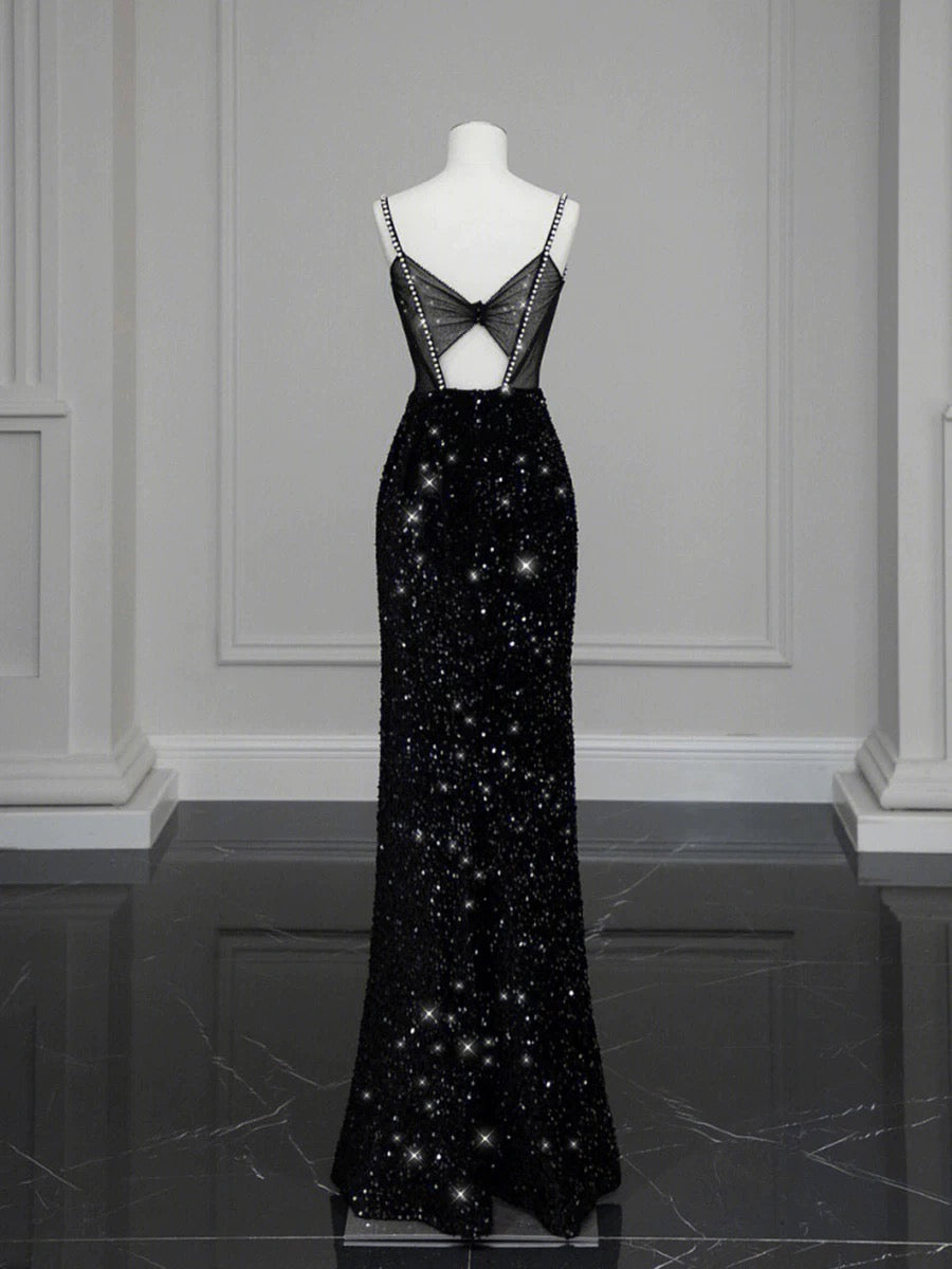 Classy Mermaid Spaghetti Straps Black Sequin Slit Long Evening Gowns Prom Dress SD2744