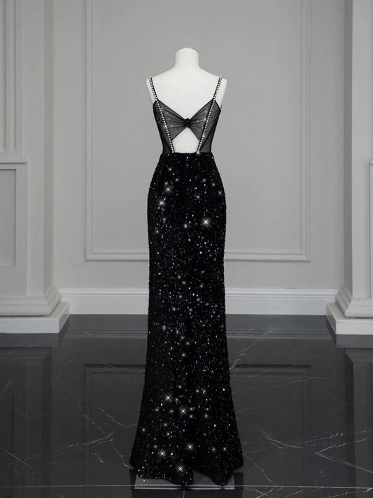 Classy Mermaid Spaghetti Straps Black Sequin Slit Long Evening Gowns Prom Dress SD2744