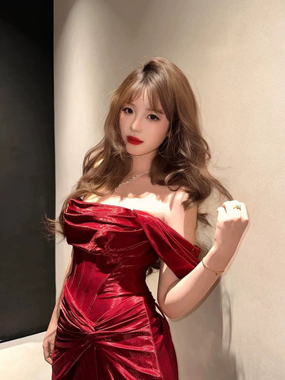 Classy Mermaid Off The Shoulder Red Satin Long Evening Gowns Split Prom Dress SD2747