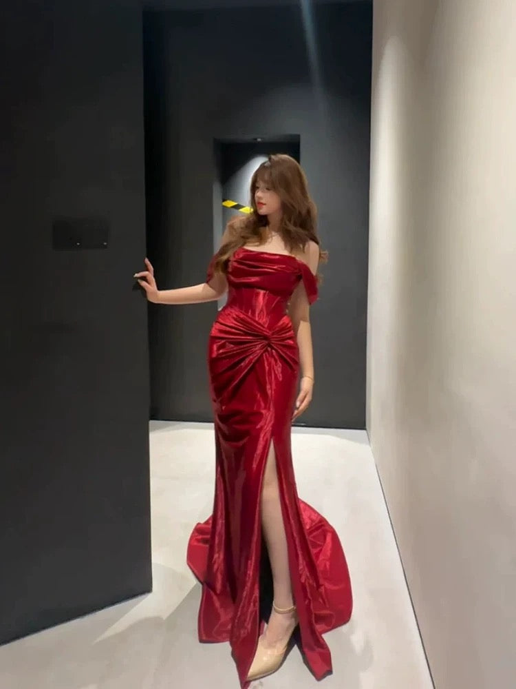 Classy Mermaid Off The Shoulder Red Satin Long Evening Gowns Split Prom Dress SD2747
