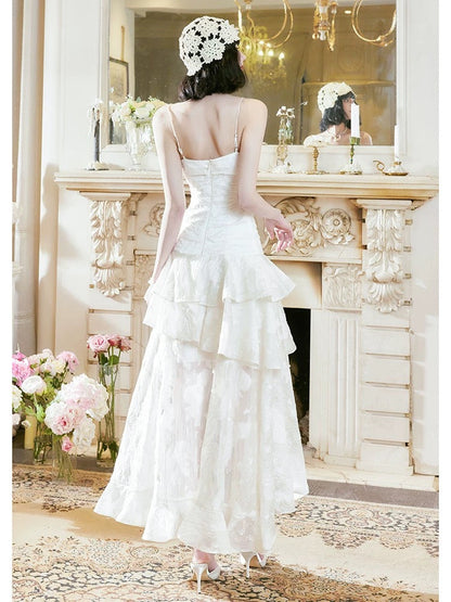 Pretty A Line High Low Ruffles Long Evening Dress Lace White Prom Dresses SD2750