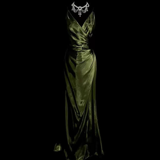Retro Mermaid Spaghetti Straps Satin Green Long Evening Dress Prom Dresses SD2754