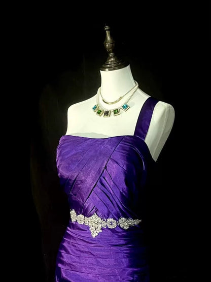 Retro Mermaid One Shoulder Satin Grape Long Evening Dress Prom Dresses SD2756