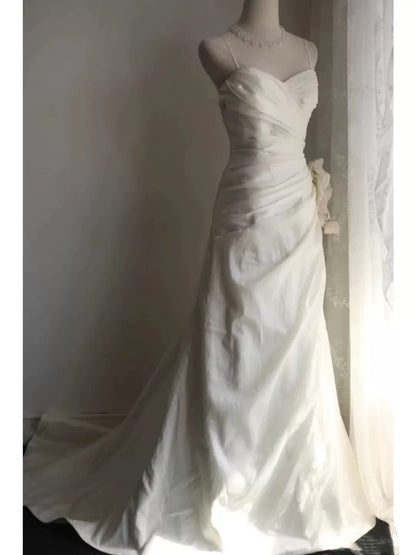 Classy Mermaid Spaghetti Straps White Satin Long Wedding Dress Bridal Dresses SD2764