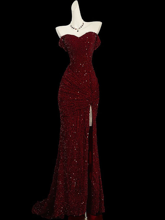 Classy Mermaid Sweetheart Red Slit Sequin Long Evening Gowns Prom Dress SD2766