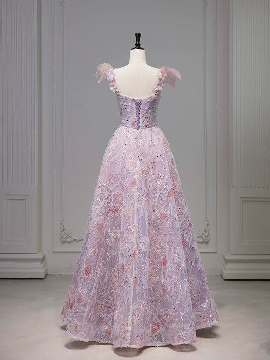 Pretty A Line Spaghetti Straps Pink Floral Long Length Evening Dress Prom Dresses SD2773
