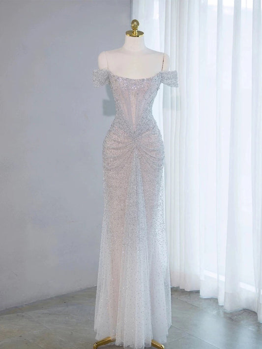 Pretty Mermaid Off The Shoulder Silver Sequin Evening Dress Prom Dresses SD2774