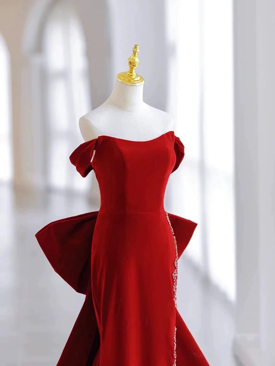 Pretty Mermaid Off The Shoulder Burgundy Satin Long Evening Dress Prom Dresses SD2788
