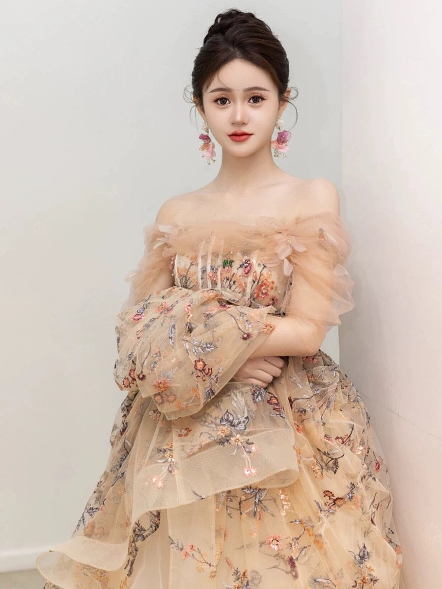 Pretty A Line Off The Shoulder Long Sleeves Floral Tulle Long Length Evening Dress Prom Dresses SD2792