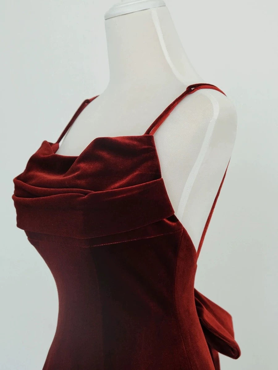 Pretty Mermaid Spaghetti Straps Wine Red Velvet Long Evening Dress Prom Dresses SD2797