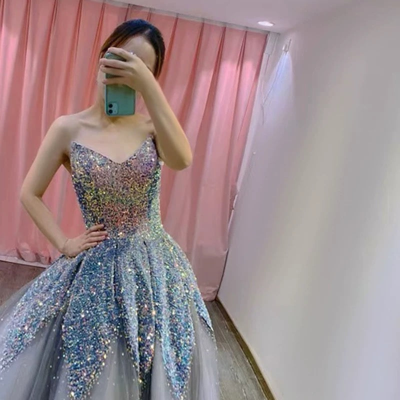 Gorgeous Balll Gown Sweetheart Blue Sequin Tulle Long Evening Dress Prom Dresses SD2799