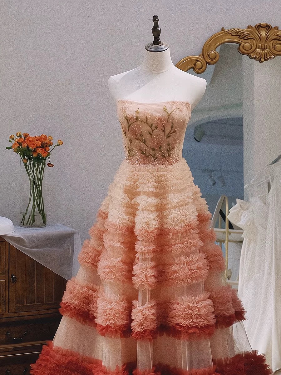 Gorgeous Balll Gown Strapless Tulle Pink Ruffles Long Evening Dress Prom Dresses SD2801