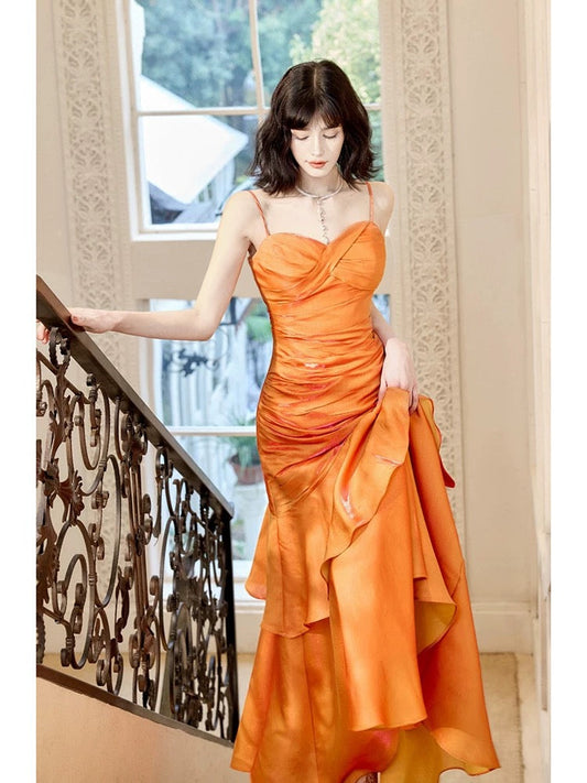 Modest Mermaid Spaghetti Straps Organge Ankle Length Evening Dress Prom Dresses SD2812