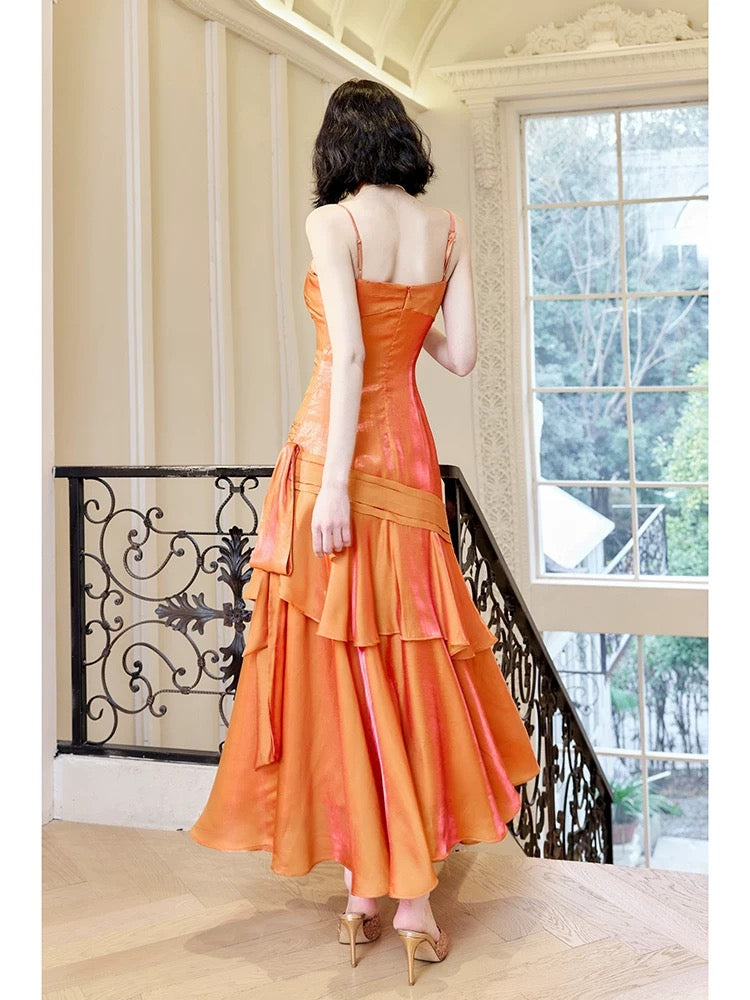 Modest Mermaid Spaghetti Straps Organge Ankle Length Evening Dress Prom Dresses SD2812