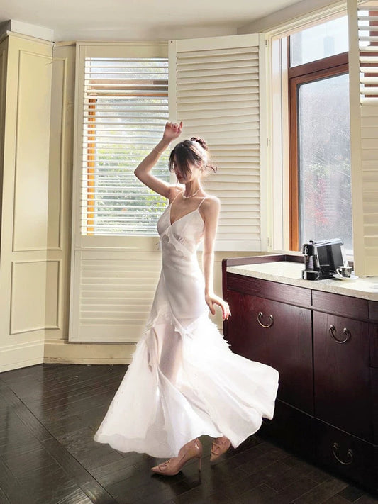Modest Mermaid Spaghetti Straps White Long Evening Dress Prom Dresses SD2813