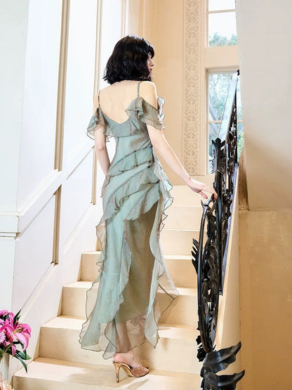 Modest Mermaid Spaghetti Straps Ruffles Long Evening Dress Prom Dresses SD2814