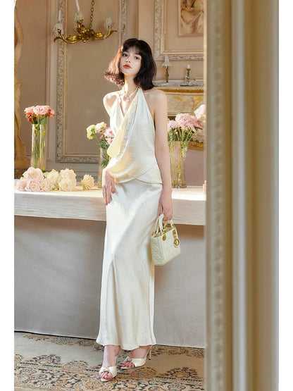 Modest Mermaid Halter Ruffles Long Evening Dress White Prom Dresses SD2816