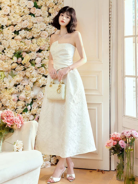 Pretty A Line Strapless Neckline White Ankle Length Evening Dress Prom Dresses SD2818