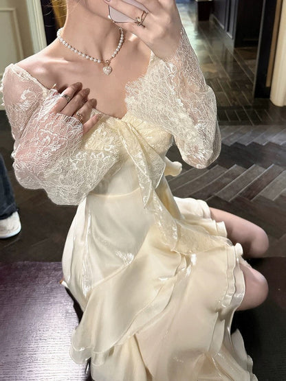 Sexy High Low V Neckline White Lace Ruffles Long Evening Dress Lace Prom Dresses SD2822