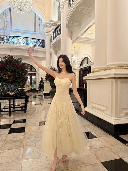Pretty A Line Spaghetti Straps Tulle Chamapgne Ankle Length Evening Dress Prom Dresses SD2837