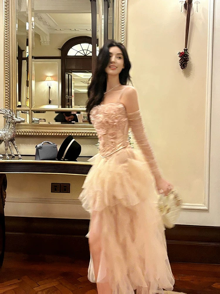 Pretty High Low Spaghetti Straps Tulle Pink Floral Ankle Length Evening Dress Prom Dresses SD2838