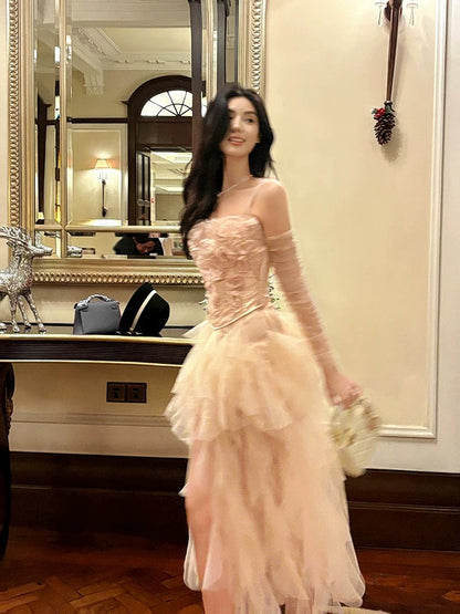 Pretty High Low Spaghetti Straps Tulle Pink Floral Ankle Length Evening Dress Prom Dresses SD2838