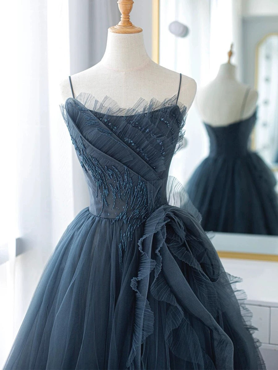 Sexy Ball Gown Spaghetti Straps Neckline Gray Tulle Evening Dress Prom Dresses SD2860